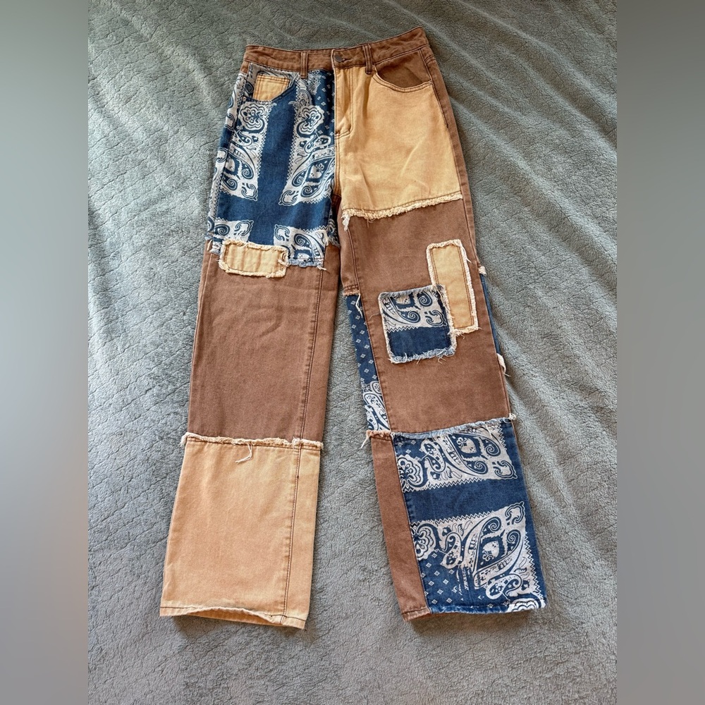 Patchwork Straight Leg Jeans in Blue and Brown